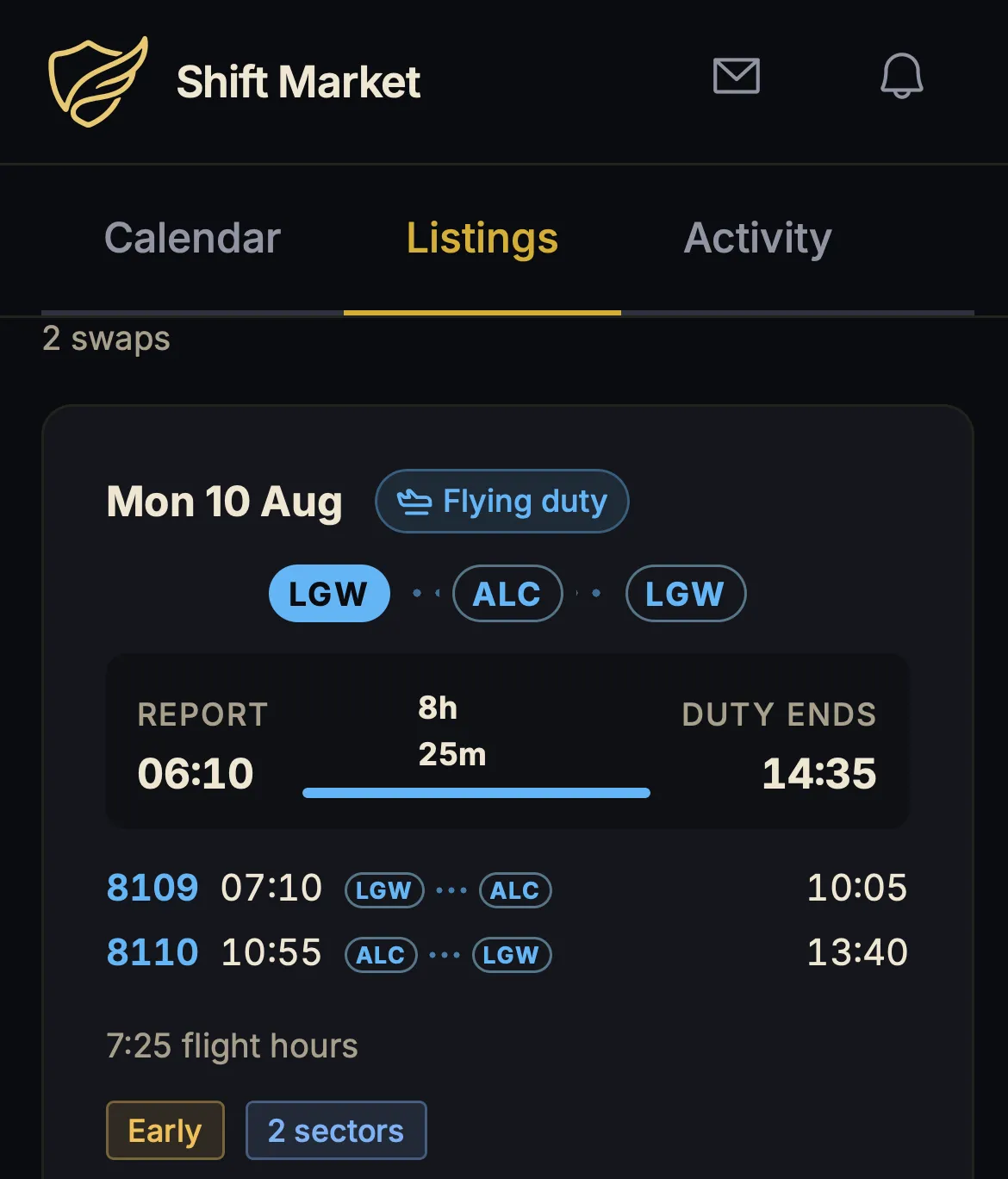RosterGuard Shift Market listing for a London Gatwick to Alicante round trip on 10 August