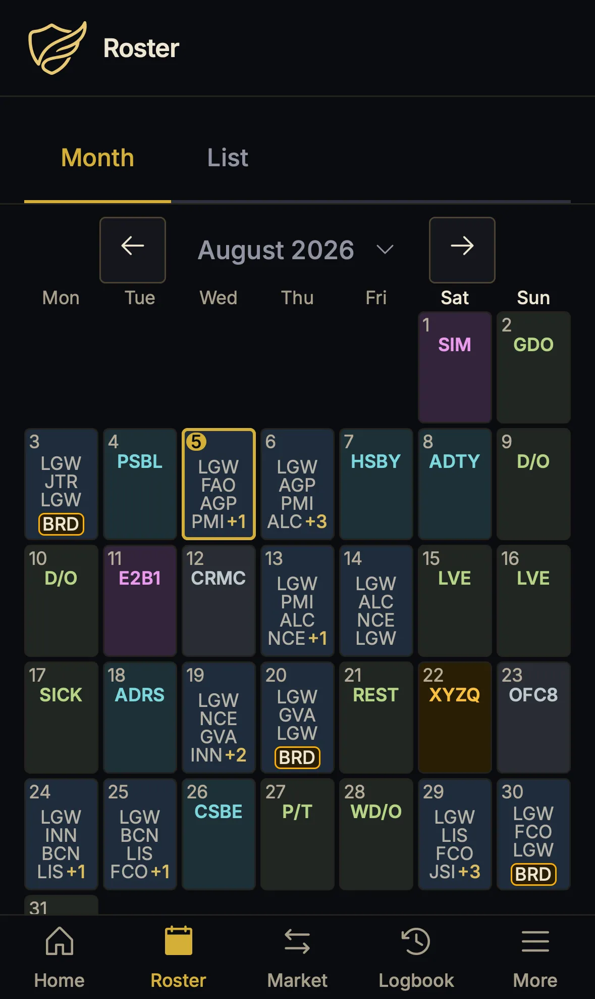 RosterGuard roster month view for August 2026, showing flying days, standby, days off and a highlighted duty