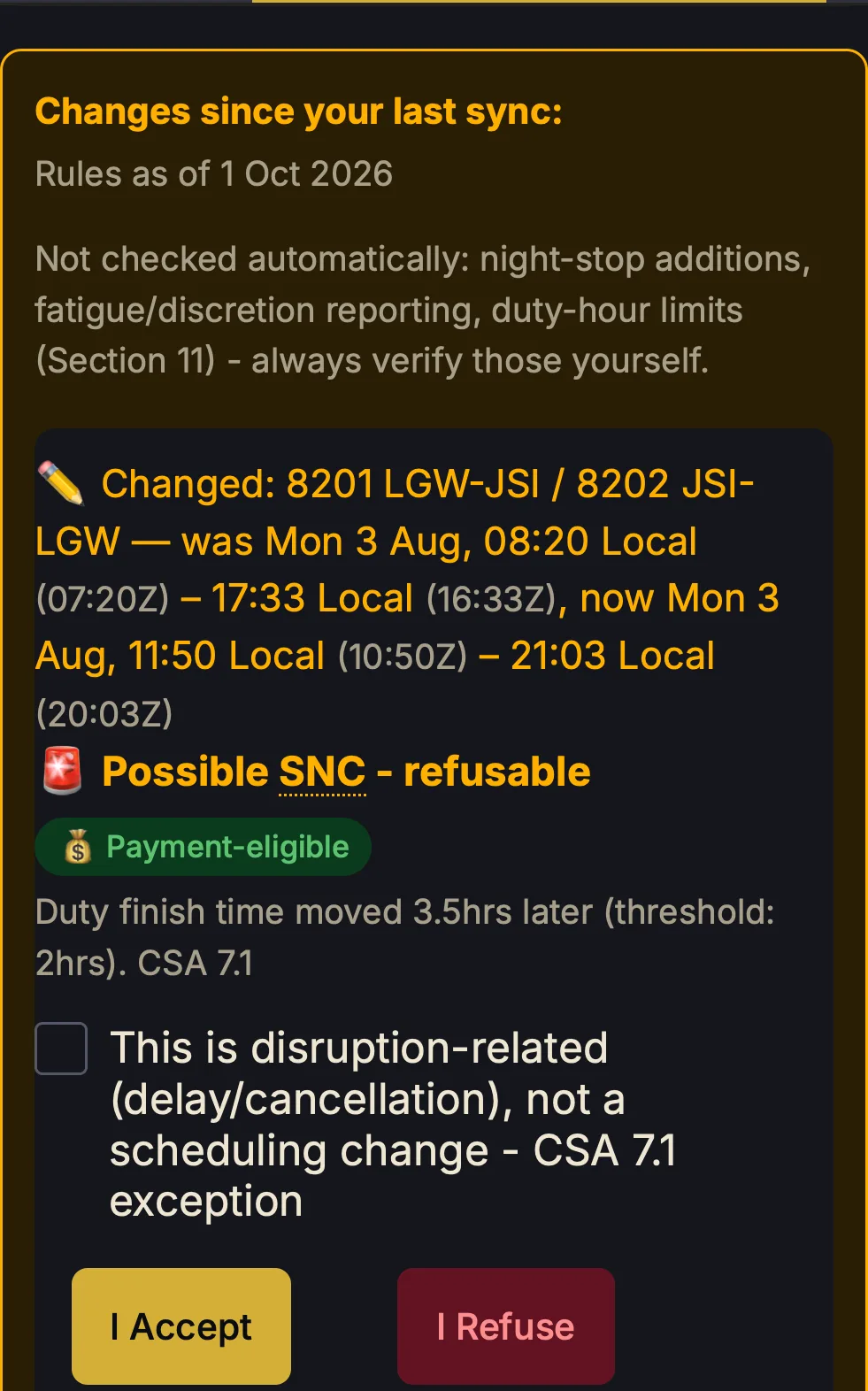 RosterGuard change review showing a duty moved from 08:20–17:33 to 11:50–21:03, flagged as a possible refusable SNC under CSA 7.1